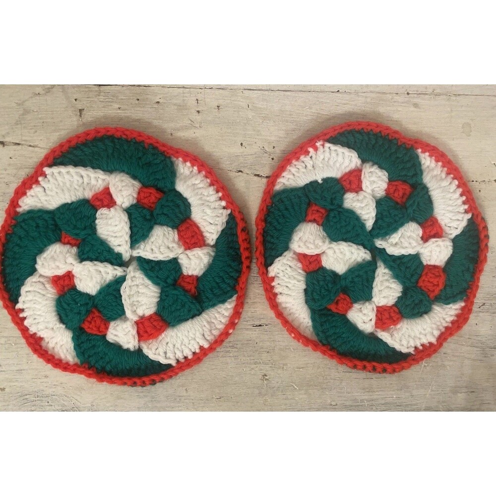 2 Christmas Granny Crochet Hot Pads Potholders Handmade Thick Red Green White